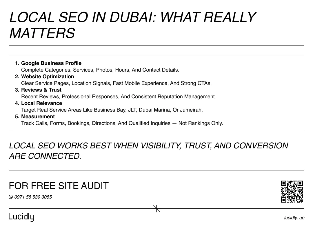 Local SEO in Dubai infographic showing GBP, website optimization, reviews, local targeting, and measurement.
