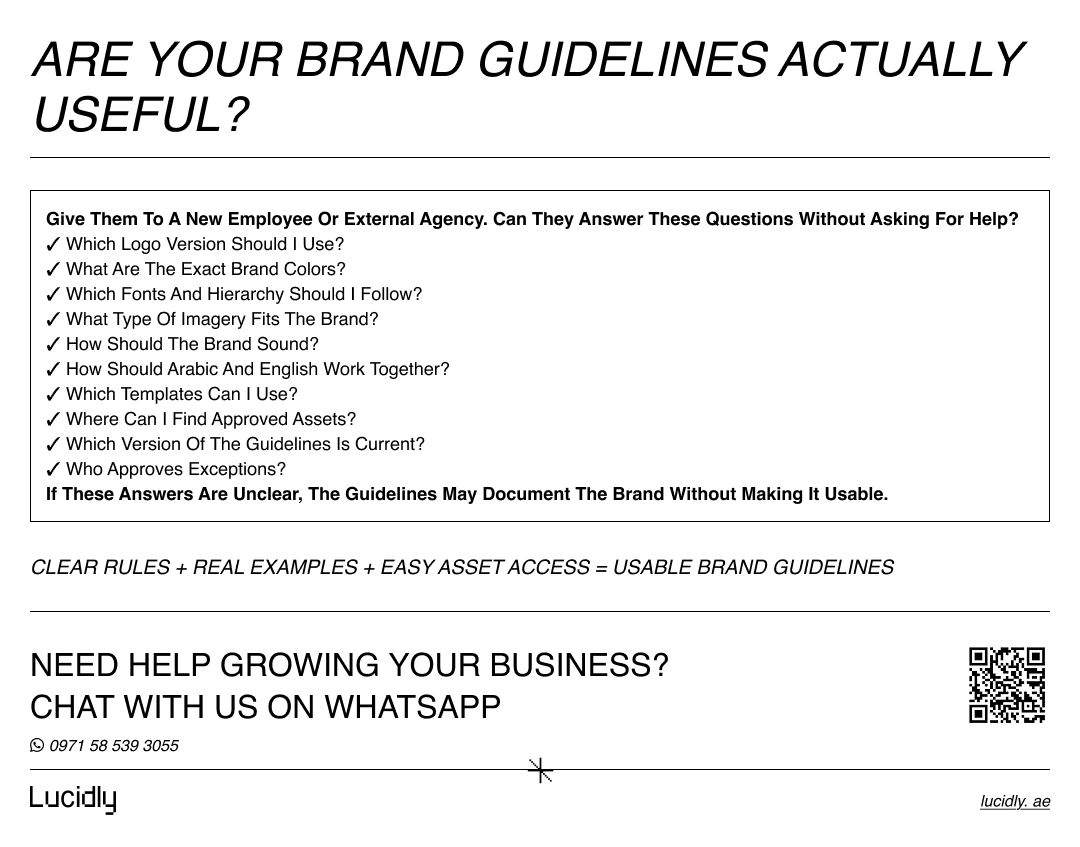 Brand guidelines usability checklist covering logo, colors, typography, imagery, voice, bilingual use, templates, assets, and approvals