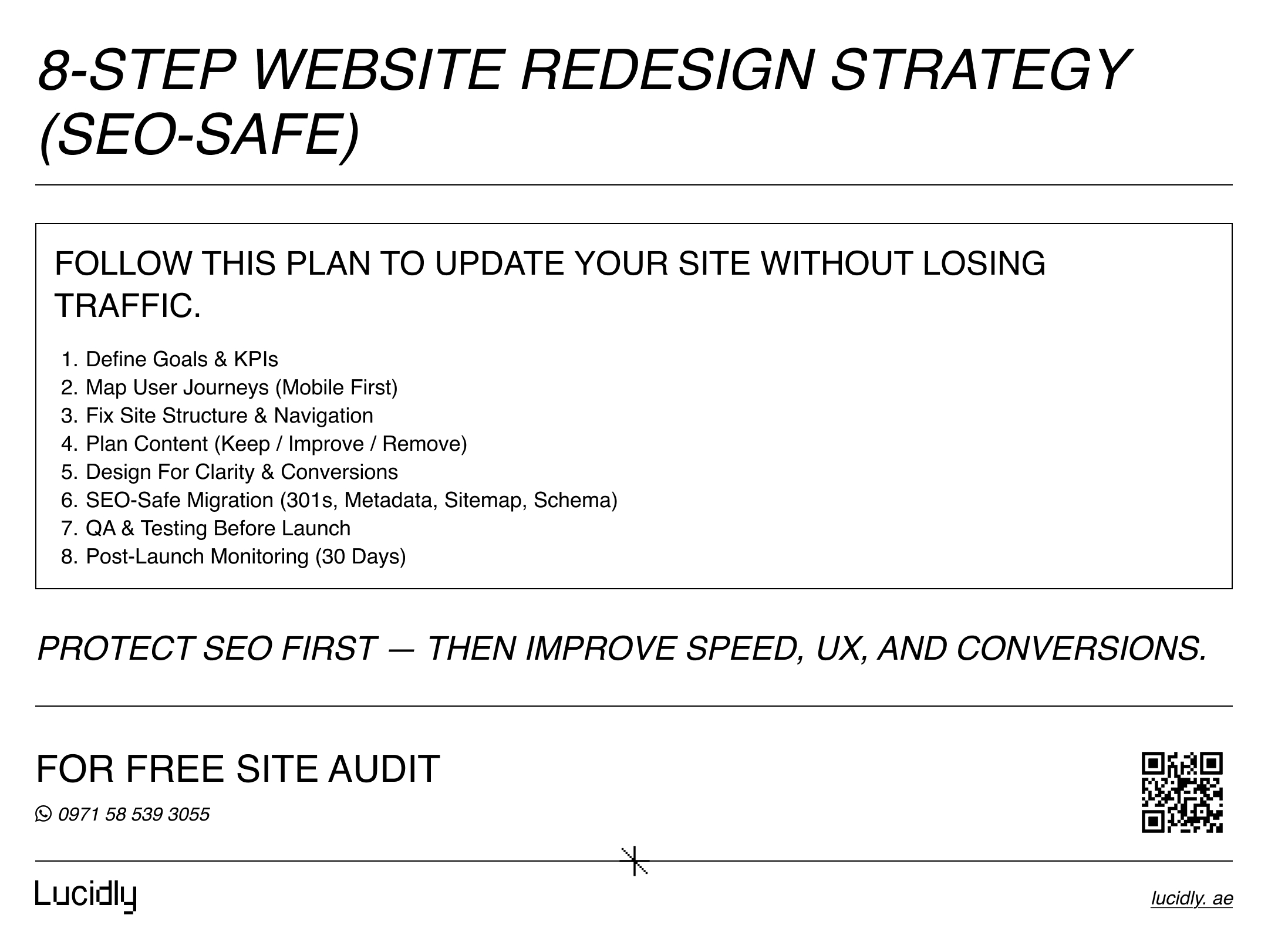 Infographic illustrating an 8-step SEO-safe website redesign strategy.