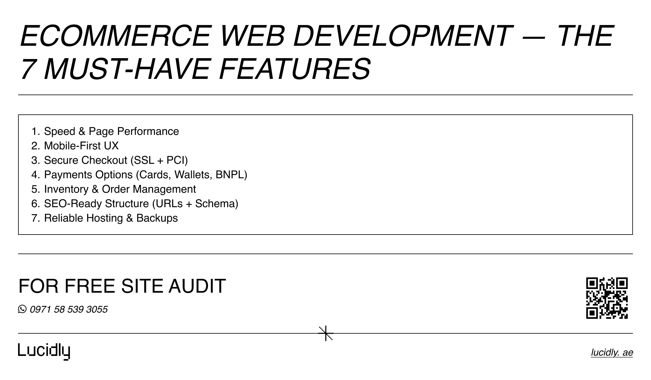 Ecommerce web development infographic showing seven must-have website features.