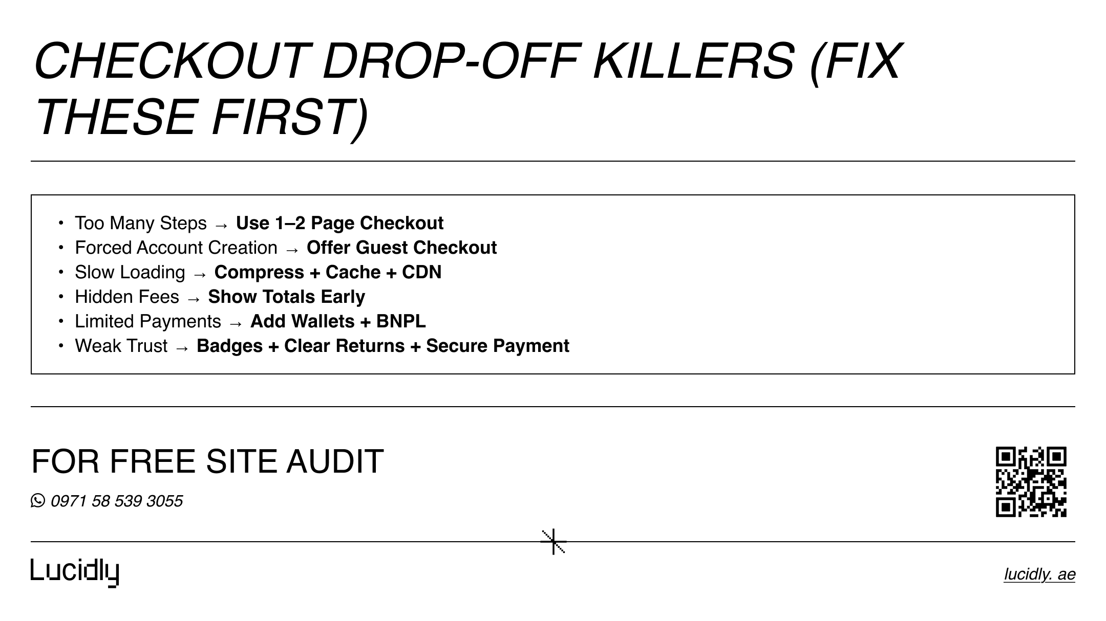 Checkout drop-off killers infographic with key problems and fixes.