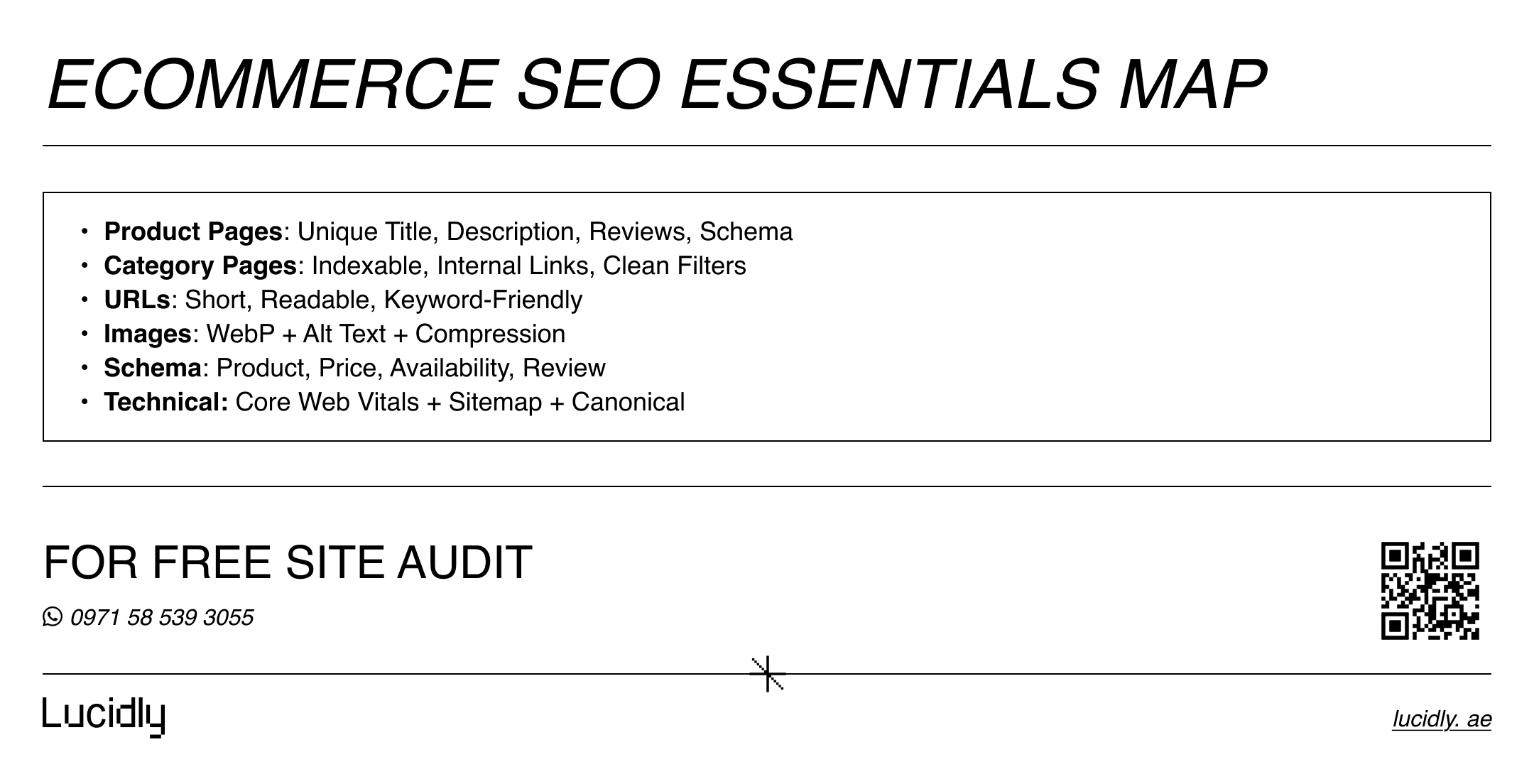 Ecommerce SEO essentials map infographic showing key optimization areas.