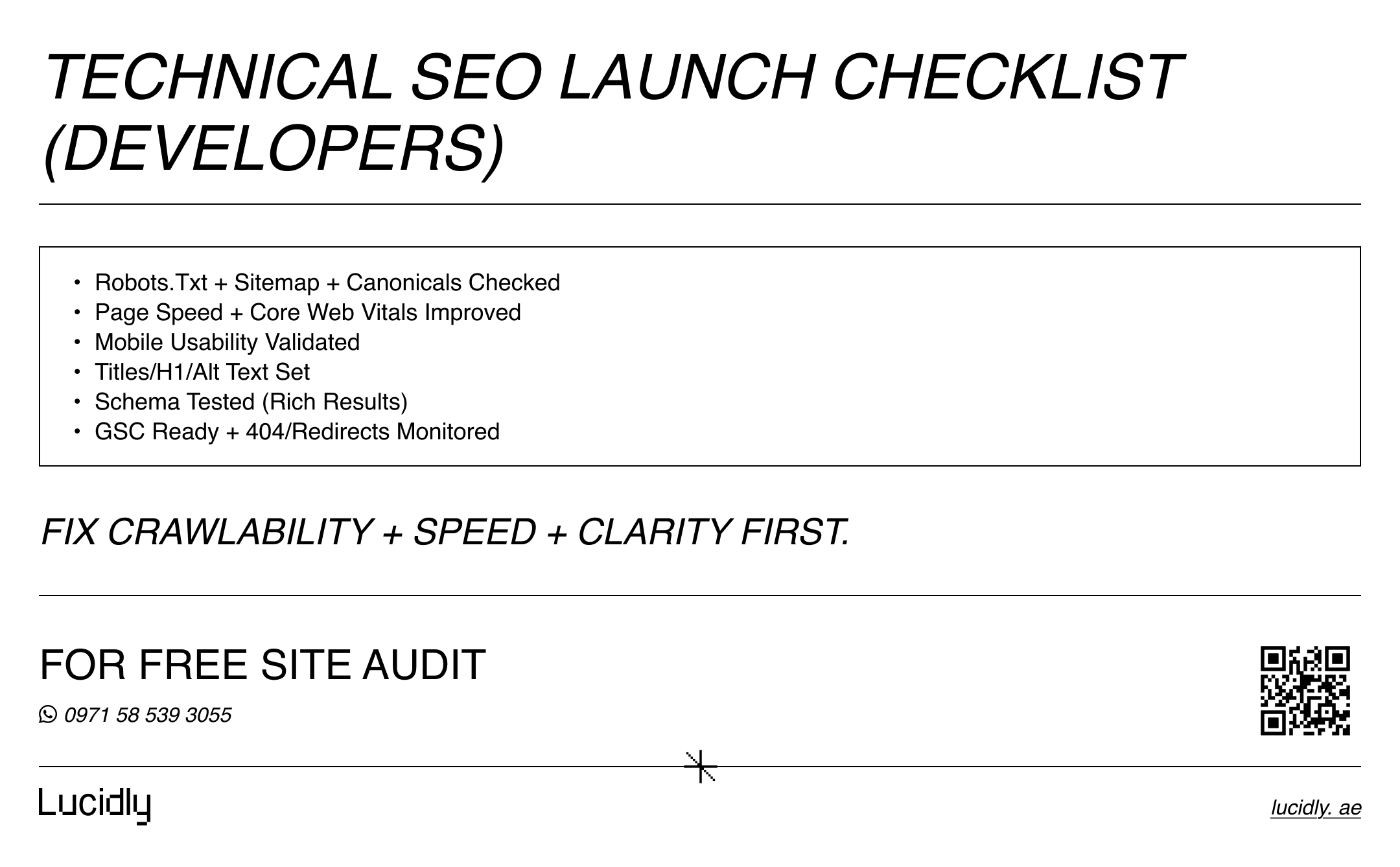 Technical SEO launch checklist infographic for developers showing robots.txt, sitemap, Core Web Vitals, mobile usability, schema testing, and GSC monitoring.