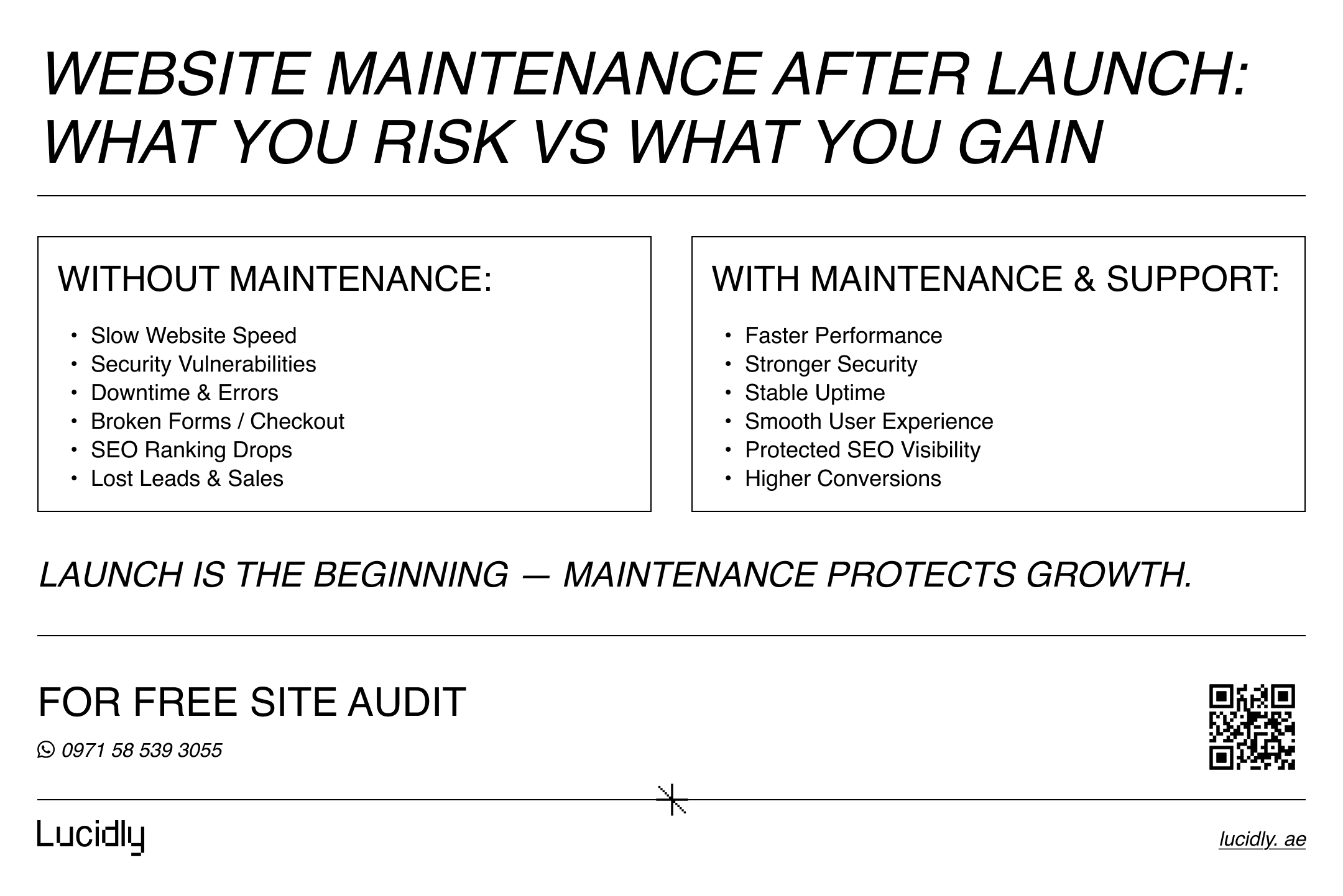 Infographic showing website maintenance risks and gains.