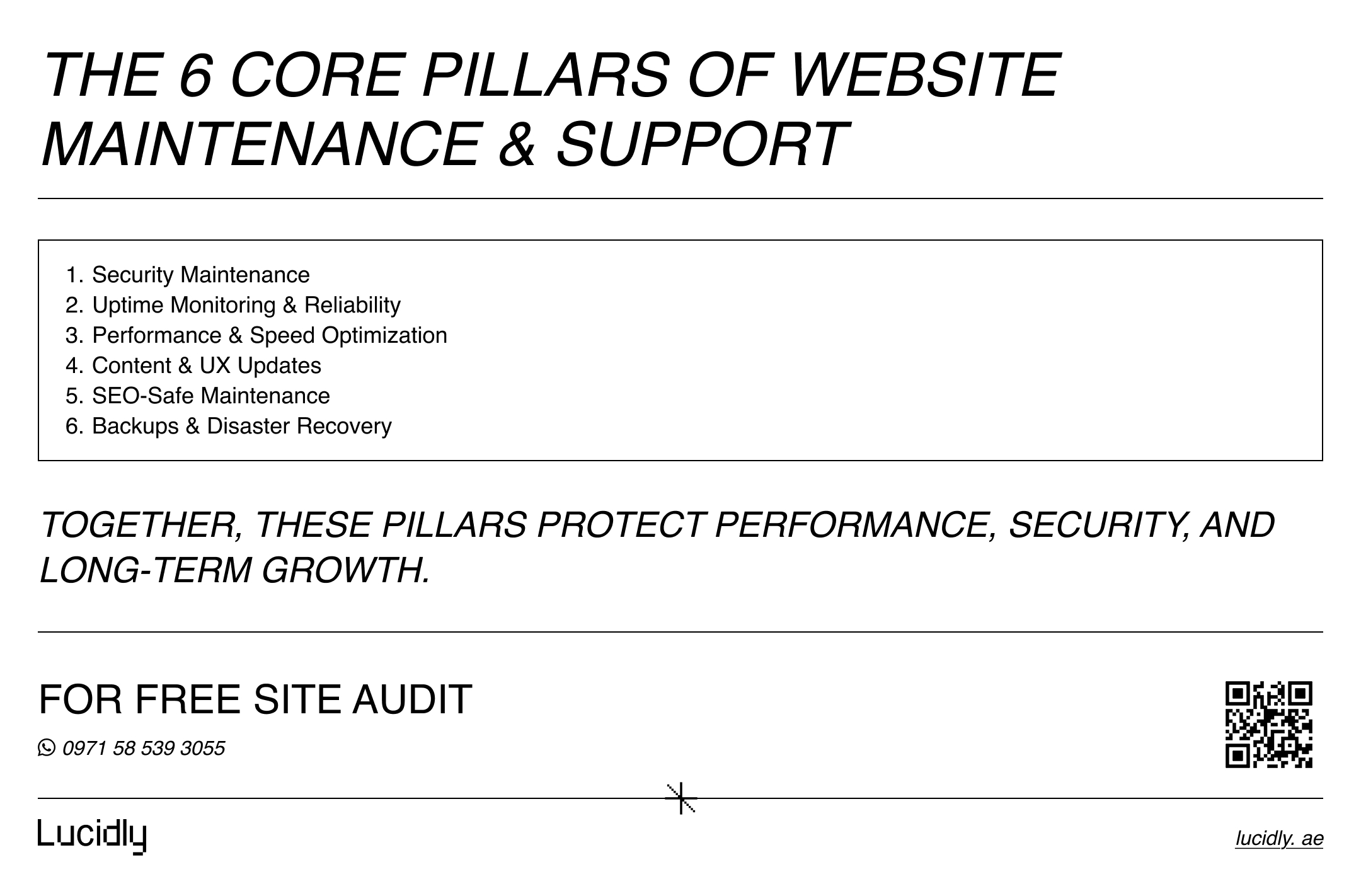 Infographic illustrating the six essential pillars of website maintenance and support.