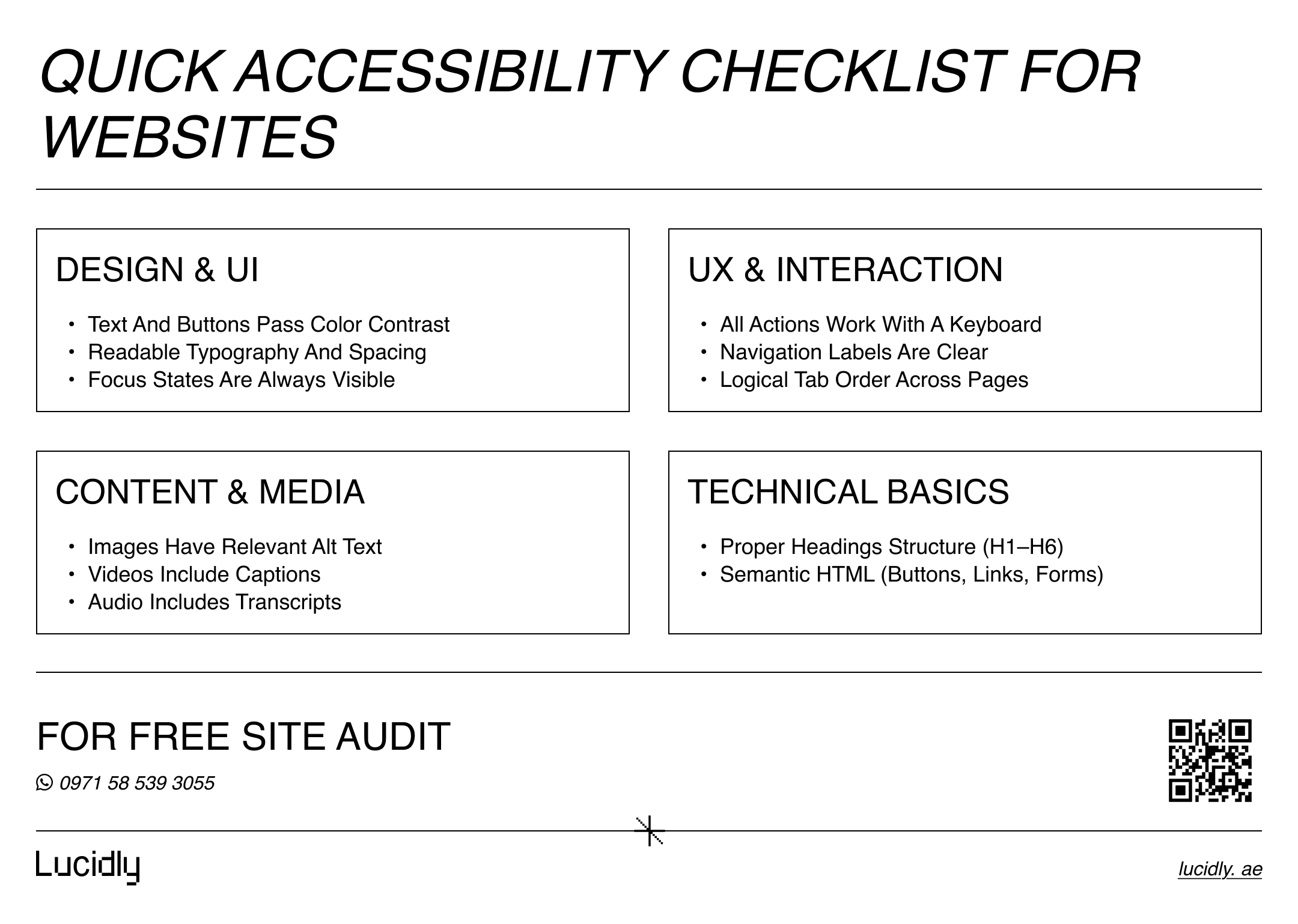 "Infographic showing a quick accessibility checklist for websites covering design, UX, content, and technical basics."
